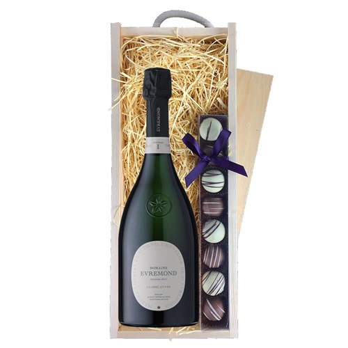 Domaine Evremond Classic Cuvee English Sparkling 75cl & Truffles, Wooden Box